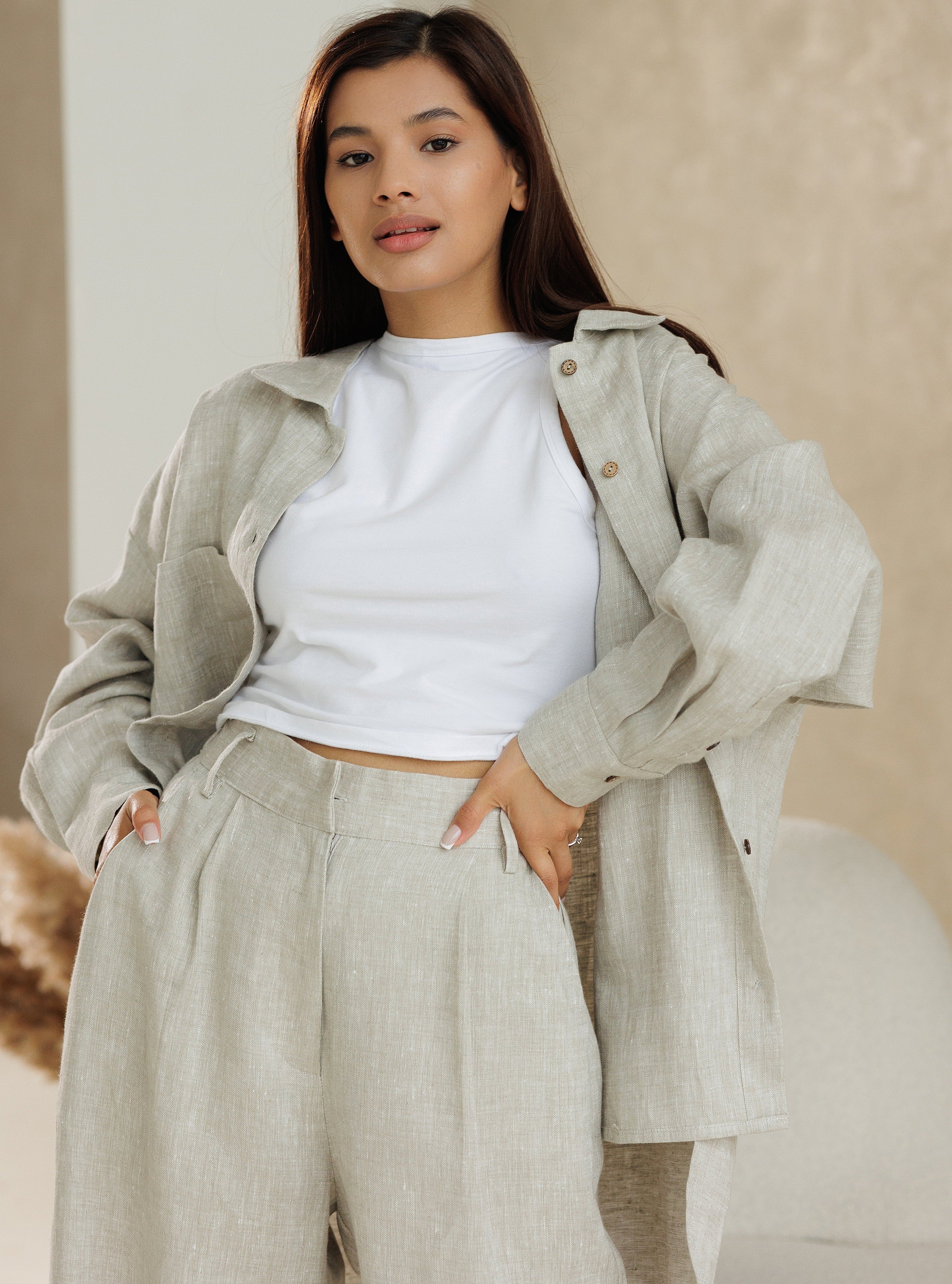 Basic Linen Set with wide Leg pants